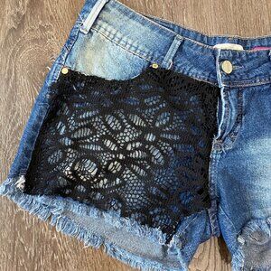 Denim Blue Jean Shorts With Black Lace Accent & Distressed Fringe Hem - Womens S